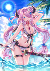 Rule 34 | 1girl, arm up, between thighs, bikini, blue eyes, blue sky, blush, braid, breasts, butterfly earrings, cleavage, cloud, collarbone, day, double bun, draph, earrings, granblue fantasy, hair bun, hair ornament, hair over one eye, highres, horns, jewelry, katana, large breasts, lens flare, light purple hair, long hair, looking at viewer, mouth hold, narmaya (granblue fantasy), narmaya (summer) (granblue fantasy), navel, outdoors, palm tree, pointy ears, side-tie bikini bottom, single earring, sky, smile, solo, standing, stomach, suzaku (zaku6584), swimsuit, sword, thigh strap, tree, unsheathed, very long hair, water, weapon, white bikini