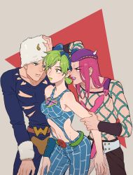 Rule 34 | 1girl, 2boys, abs, arm grab, blue eyes, bracelet, breasts, clenched teeth, codpiece, commentary, double bun, english commentary, fake horns, fishnet top, fishnets, fur hat, green eyes, green hair, green lips, hair bun, hat, highres, honlo, horned hat, horns, jewelry, jojo no kimyou na bouken, kuujou jolyne, lipstick, long hair, looking at another, makeup, medium breasts, multicolored hair, multiple boys, narciso anasui, navel, open mouth, parted lips, pink eyes, pink hair, serious, sleeveless, spider web print, standing, stone ocean, teeth, weather report