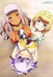 Rule 34 | 10s, 3girls, absurdres, asymmetrical docking, beach, beads, between breasts, bikini, bikini skirt, blonde hair, blue bow, blue eyes, blue gemstone, blunt bangs, blush, bow, box, breast hold, breast press, breasts, brown eyes, clenched hand, closed mouth, collarbone, covering privates, covering breasts, dark-skinned female, dark skin, downblouse, embarrassed, food, food in mouth, frolaytia capistrano, from above, front-tie bikini top, front-tie top, gem, gift, gift box, green bikini, hagiwara hiromitsu, hair between eyes, hair bun, hair intakes, hair ornament, hair stick, hairband, hairclip, half updo, halterneck, heart, heart-shaped box, heavy object, highres, large breasts, lendy farolito, light purple hair, light smile, long hair, looking at viewer, medium breasts, milinda brantini, mouth hold, multiple girls, nail polish, o-ring, o-ring bikini, o-ring top, official art, orange bikini, outdoors, own hands together, parted bangs, pocky, purple eyes, purple nails, red bow, scan, seductive smile, sideboob, sidelocks, silver hair, single hair bun, smile, swimsuit, symmetrical docking, upper body, valentine, wavy hair, white hairband, yellow bikini
