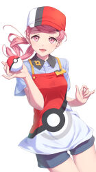 Rule 34 | 1girl, absurdres, apron, collared shirt, commentary request, creatures (company), eyelashes, game freak, hand up, hat, highres, holding, holding poke ball, joy (pokemon), kamome yuu, long hair, looking at viewer, lower teeth only, nintendo, open mouth, pink eyes, pink hair, pink nails, poke ball, poke ball (basic), poke ball print, pokemon, pokemon sv, red hat, shirt, short sleeves, shorts, smile, solo, teeth