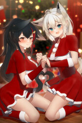 Rule 34 | 2girls, ahoge, animal ear fluff, animal ears, black hair, blurry, blurry background, blush, braid, breasts, capelet, christmas tree, commentary request, dress, earrings, expressive tail, extra ears, fang, fox ears, fox girl, fox tail, green eyes, hair between eyes, hair ornament, hairclip, heart tail duo, highres, holding hands, hololive, indoors, jewelry, kneeling, long hair, looking at viewer, medium breasts, multiple girls, ookami mio, open mouth, pentagram, red capelet, red dress, red footwear, red hair, shirai yu, shirakami fubuki, sidelocks, single braid, skin fang, tail, virtual youtuber, white hair, wolf ears, wolf girl, wolf tail, yellow eyes