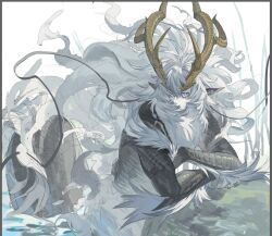 Rule 34 | 1boy, antlers, blue eyes, centauroid, closed mouth, colored skin, crossed arms, dragon boy, dragon tail, floating hair, grey scales, grey skin, hair between eyes, hair over mouth, horns, leviair, long hair, looking at viewer, male focus, mane, monster boy, original, pointy ears, rock, scales, simple background, slit pupils, solo, tail, taur, unfinished, very long hair, white background, white fur, white hair, white skin