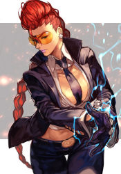 Rule 34 | 1girl, belt, between breasts, black gloves, black jacket, black necktie, black pants, braid, braided ponytail, breasts, capcom, cleavage, collared shirt, cowboy shot, crimson viper, dress shirt, earrings, electricity, formal, gloves, hungry clicker, jacket, jewelry, large breasts, lipstick, long hair, looking at viewer, makeup, midriff, necktie, necktie between breasts, open clothes, pants, pompadour, red hair, rimless eyewear, shirt, safety glasses, solo, street fighter, street fighter iv (series), suit, tinted eyewear, yellow-tinted eyewear