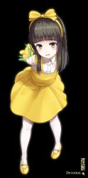 Rule 34 | 1girl, :d, absurdres, black background, blunt bangs, blush, bouquet, bow, brown eyes, brown hair, collared shirt, commentary, copyright name, devotion, dress, dress shirt, du meishin, flower, full body, hair bow, hairband, head tilt, highres, long hair, looking at viewer, mary janes, open mouth, pantyhose, shirt, shoes, simple background, sleeveless, sleeveless dress, smile, solo, standing, translation request, tulip, white pantyhose, white ph, white shirt, yellow bow, yellow dress, yellow flower, yellow footwear, yellow hairband, yellow tulip