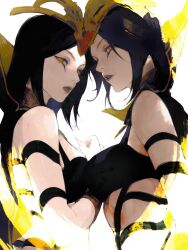 Rule 34 | 2girls, bare shoulders, black hair, breasts, from side, hand up, highres, jian tai (cuoyu0), large breasts, league of legends, leblanc (league of legends), looking at viewer, multiple girls, orange eyes, parted lips, teeth, upper body, white background, yellow background