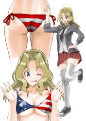 Rule 34 | 10s, 1girl, ;p, american flag bikini, american flag print, ass, bikini, bikini top lift, black neckwear, blazer, blonde hair, blouse, blue eyes, breasts, clothes lift, collared shirt, commentary, cropped legs, cross-laced footwear, flag print, girls und panzer, grey jacket, hair intakes, hand on own hip, highres, jacket, kay (girls und panzer), leg up, lifted by self, long hair, long sleeves, looking at viewer, loose necktie, medium breasts, miniskirt, multiple views, necktie, one eye closed, open clothes, open jacket, pleated skirt, print bikini, red skirt, saunders school uniform, school uniform, shirt, shoes, side-tie bikini bottom, simple background, skirt, sleeves rolled up, sneakers, standing, standing on one leg, swimsuit, thighhighs, tongue, tongue out, underboob, waving, white background, white shirt, white thighhighs, yamano rita