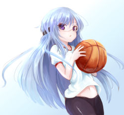 Rule 34 | 10s, 1girl, ball, basketball, basketball (object), bike shorts, black bike shorts, black shorts, blouse, blue background, blue hair, chestnut mouth, collarbone, eyes visible through hair, glasses, gradient background, gym shirt, gym uniform, holding, holding ball, long hair, looking at viewer, lumo 1121, midriff, midriff peek, nagatsuka saki, navel, open mouth, purple eyes, rou-kyuu-bu!, shirt, shorts, simple background, solo, source request, white shirt