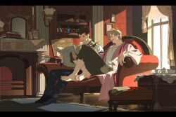 Rule 34 | 2boys, ace attorney, barefoot, black footwear, blonde hair, blue pants, book, book stack, bookshelf, brown hair, brown pants, candle, closed eyes, collared shirt, commentary, couch, cup, curtains, fireplace, full body, herlock sholmes, highres, holding, holding newspaper, indoors, kitto ha, knees up, lamp, long sleeves, male focus, map, mirror, multiple boys, newspaper, on couch, pants, paper, picture frame, rug, shelf, shirt, shoes, short hair, sitting, smile, symbol-only commentary, teacup, teapot, the great ace attorney, vest, white shirt, wide sleeves, window, yujin mikotoba