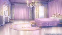 Rule 34 | artist name, bed, bedroom, blanket, cabinet, chandelier, cosmetics, curtains, highres, himeno aimu, indie virtual youtuber, indoors, mirror, muntins, no humans, official art, painting (object), pillow, rug, scenery, stool, sugawa mako, table, vanity table, wall lamp, window