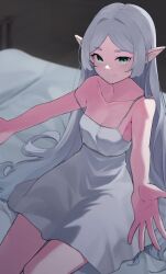 Rule 34 | 1girl, absurdres, bare shoulders, bed, breasts, cleavage, commentary request, frieren, green eyes, hair down, highres, long hair, looking at viewer, nightgown, on bed, outstretched arms, parted bangs, piu47, pointy ears, pov, sitting, small breasts, smile, solo, sousou no frieren, very long hair, white nightgown