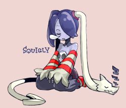 Rule 34 | 1girl, bare shoulders, blue skin, colored skin, detached collar, detached sleeves, hair over one eye, leviathan (skullgirls), side ponytail, sitting, skullgirls, sleeping, squigly (skullgirls), stitched mouth, stitches, striped clothes, striped sleeves, striped thighhighs, thighhighs, yeti (mu kaiten), zombie, zombie girl
