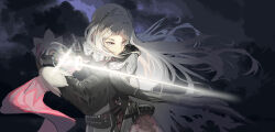 Rule 34 | 1girl, absurdres, ammunition belt, arknights, black dress, black gloves, commentary request, dress, fighting stance, flying burrito cat, gloves, glowing, grey eyes, grey hair, gun, handgun, head wings, highres, holding, holding sword, holding weapon, holstered, irene (arknights), long hair, long sleeves, rapier, solo, sword, upper body, weapon, wind, wings