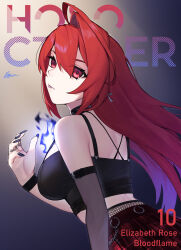 1girl absurdres ahoge alternate_costume black_nails black_tank_top blue_fire breasts dasdokter elizabeth_rose_bloodflame fingernails fire goth_fashion highres hololive hololive_english huge_ahoge long_hair looking_at_viewer looking_back nail_polish red_eyes red_hair tank_top virtual_youtuber