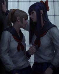 Rule 34 | 10s, 2girls, absurdres, blonde hair, bow, breasts, commentary, ears visible through hair, guweiz, hair bow, highres, ilya kuvshinov (style), kabedon, long hair, looking at another, multiple girls, photo-referenced, pipimi, poptepipic, popuko, purple hair, realistic, red bow, school uniform, standing, window