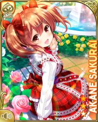 1girl bow brown_eyes brown_hair card_(medium) day dress flower fountain girlfriend_(kari) hair_ornament looking_at_viewer looking_back official_art open_mouth outdoors plant potted_plant qp:flapper red_dress red_neckwear rose sakurai_akane_(girlfriend) smile standing tagme twintails