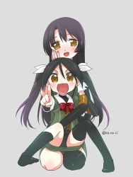 Rule 34 | 10s, 2girls, black hair, blush, chikuma (kancolle), gloves, hair ribbon, hand on own cheek, hand on own face, hug, kantai collection, koruri, long hair, looking at viewer, multiple girls, open mouth, personification, pointing, ribbon, siblings, sisters, sitting, sitting on lap, sitting on person, thighhighs, tone (kancolle), twintails, yellow eyes