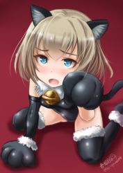Rule 34 | 10s, 1girl, animal costume, animal ears, animal hands, bad id, bad twitter id, bell, black leotard, black thighhighs, blonde hair, blue eyes, cat costume, cat ears, cat tail, collar, elbow gloves, fang, fur trim, girls und panzer, gloves, haruhata mutsuki, katyusha (girls und panzer), kemonomimi mode, leotard, looking at viewer, neck bell, paw gloves, paw pose, red background, short hair, simple background, sitting, solo, tail, thighhighs, wariza