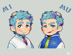 Rule 34 | 1boy, beard, blue eyes, blue hair, blush, bright pupils, facial hair, fang, grey background, grey horns, grey shirt, horns, initial, jacket, james p. sullivan, kiri futoshi, letterman jacket, male focus, monsters inc., monsters university, multicolored hair, necktie, nostrils, open mouth, shirt, short hair, sideburns, signature, smile, striped clothes, striped shirt, thick eyebrows, upper body, vest, white pupils, white vest