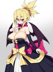 Rule 34 | 1girl, bat wings, blonde hair, bow, breasts, bright pupils, cleavage, cowboy shot, demon girl, detached sleeves, disgaea, dress, earrings, gem, gradient background, grey background, hand up, highres, huge breasts, jewelry, large bow, looking at viewer, pointy ears, red eyes, rozalin, sawati, short hair, simple background, solo, strapless, strapless dress, wings, yellow bow