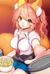 Rule 34 | 1girl, animal ear fluff, animal ears, blue skirt, breasts, clothes around waist, fate (series), food, food request, fox ears, fox tail, hair between eyes, impossible clothes, impossible shirt, large breasts, looking at another, mogullaz, necktie, official alternate costume, outstretched arms, popcorn, red necktie, shirt, skirt, solo, sweater, sweater around waist, tail, tamamo (fate), tamamo no mae (fate/extra), thighs, yellow eyes