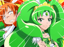 Rule 34 | 10s, 3girls, blonde hair, crossed arms, cure march, cure peace, cure sunny, double v, emphasis lines, eyelashes, green eyes, green hair, ruffling hair, hino akane (smile precure!), kise yayoi, long hair, magical girl, midorikawa nao, multiple girls, orange hair, precure, smile precure!, taroimo (takesan), tiara, v