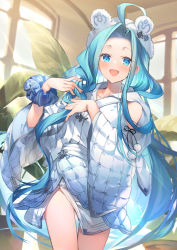 Rule 34 | 1girl, :d, ahoge, animal ears, animal hat, blue eyes, blue hair, blue scrunchie, commentary request, fake animal ears, forehead, granblue fantasy, hat, indoors, japanese clothes, kimono, long hair, long sleeves, looking at viewer, lyria (granblue fantasy), open mouth, parted bangs, plant, potted plant, scrunchie, shinia, smile, solo, standing, sunlight, very long hair, white hat, white kimono, wide sleeves, window, wrist scrunchie
