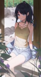 Rule 34 | 1girl, absurdres, architecture, bare legs, bare shoulders, belt, black hair, blurry, blurry foreground, breasts, choker, collarbone, depth of field, earrings, east asian architecture, feet out of frame, grey shorts, highres, idolmaster, idolmaster shiny colors, jacket, jewelry, kazano hiori, looking at viewer, mole, mole under mouth, o-ring, o-ring choker, on floor, ponytail, shirt, short shorts, shorts, sleeveless, sleeveless shirt, small breasts, solo, starblue, striped clothes, striped shirt, unworn jacket, vertical stripes, white belt, wooden floor