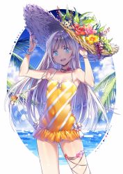 Rule 34 | 1girl, bare shoulders, blue eyes, blush, bracelet, braid, choker, commentary request, covered navel, dsmile, flat chest, flower, hat, jewelry, long hair, looking at viewer, one-piece swimsuit, open mouth, original, side braid, silver hair, smile, solo, straw hat, swimsuit, swimsuit skirt, yellow one-piece swimsuit