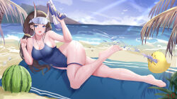 Rule 34 | 1girl, absurdres, azur lane, barefoot, beach, blue eyes, breasts, brown hair, cleavage, collarbone, competition swimsuit, food, fruit, goggles, goggles on head, highres, horns, large breasts, long hair, lying, manjuu (azur lane), nanoda002 (saber427), noshiro (azur lane), noshiro (unwinding in the sunshine) (azur lane), ocean, on side, one-piece swimsuit, oni horns, open mouth, outdoors, school swimsuit, smile, swimsuit, towel, twintails, water gun, watermelon, wide hips