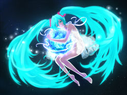 Rule 34 | 1girl, aqua eyes, aqua hair, babydoll, barefoot, earth (planet), globe, glowing, glowing hair, hatsune miku, highres, imosaku, lace, legs, long hair, no panties, hugging object, planet, see-through, smile, solo, space, twintails, very long hair, vocaloid