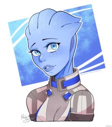 Rule 34 | 1girl, absurdres, alien, asari (mass effect), blackzodiacqx, blue eyes, blue skin, colored skin, highres, jacket, liara t&#039;soni, looking at viewer, mass effect (series), signature, solo, upper body