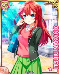 Rule 34 | 1girl, ahoge, akanbe, amusement park, black jacket, blazer, blue eyes, breasts, card (medium), closed mouth, collared shirt, day, eyebrows hidden by hair, eyelid pull, girlfriend (kari), go-toubun no hanayome, green skirt, hair between eyes, hair intakes, hair ornament, jacket, large breasts, long hair, long sleeves, looking at viewer, nakano itsuki, official art, open clothes, open jacket, outdoors, pleated skirt, qp:flapper, red hair, red sweater, school uniform, shirt, sidelocks, skirt, smile, solo, standing, star (symbol), star hair ornament, sweater, sweater vest, tongue, tongue out, white shirt