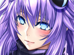 Rule 34 | 10s, 1girl, blue eyes, blush, bodysuit, braid, female focus, hair ornament, lips, long hair, looking at viewer, lowres, lying, neptune (neptunia), neptune (series), nyamota, power symbol, purple hair, purple heart (neptunia), shiny skin, smile, solo, symbol-shaped pupils, twin braids, upper body