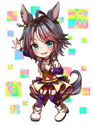 Rule 34 | 1girl, :d, animal ears, black hair, blue eyes, boots, breasts, chibi, choker, collarbone, commentary request, cropped jacket, fuji kiseki (umamusume), full body, garter straps, highres, horse ears, horse girl, horse tail, jacket, layered sleeves, long sleeves, looking at viewer, medium breasts, open clothes, open jacket, open mouth, outstretched arm, parted bangs, puffy short sleeves, puffy sleeves, purple choker, purple thighhighs, red shorts, short over long sleeves, short sleeves, shorts, smile, solo, standing, starting future (umamusume), sugimotty nova, tail, thighhighs, thighhighs under boots, umamusume, white footwear, white jacket