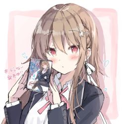 Rule 34 | 1girl, black jacket, blazer, blush, brown hair, closed mouth, collared shirt, commentary request, hair between eyes, hair ornament, hairclip, hands up, heart, holding, jacket, long hair, long sleeves, neck ribbon, open clothes, open jacket, original, pink ribbon, red eyes, ribbon, saeki sora, shirt, sketch, solo, translation request, upper body, white shirt