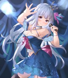 Rule 34 | 1girl, absurdres, armpit peek, bead bracelet, bead necklace, beads, black thighhighs, blue ribbon, blue skirt, blush, bracelet, breasts, cleavage, closed mouth, collar, commentary request, cowboy shot, crown, frilled sleeves, frills, garter straps, hair ribbon, highres, holding, holding microphone, hoshizuki lunna, indie virtual youtuber, jewelry, layered skirt, long hair, medium breasts, microphone, midriff peek, mini crown, navel, necklace, off shoulder, outstretched hand, pink ribbon, purple eyes, ribbon, short sleeves, skirt, smile, solo, soyoghi, standing, thighhighs, virtual youtuber, white hair