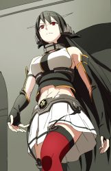 Rule 34 | 10s, 1girl, abs, bad id, bad nicoseiga id, bare shoulders, black gloves, black hair, elbow gloves, from below, gloves, headgear, kantai collection, kinosuke (sositeimanoga), long hair, midriff, nagato (kancolle), pleated skirt, red eyes, red thighhighs, skirt, solo, thighhighs, very long hair, white skirt