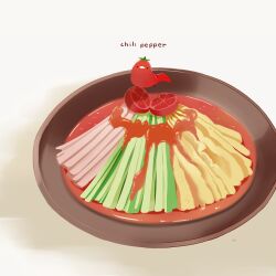 Rule 34 | bird, bowl, chai (drawingchisanne), cherry tomato, chili pepper, commentary, commentary request, english commentary, english text, food, food focus, looking at viewer, no humans, noodles, original, sauce, signature, sweets bird, tomato