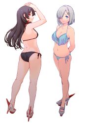 Rule 34 | 2girls, arms up, ass, bad id, bad twitter id, bare arms, bare legs, bare shoulders, bikini, black bikini, black hair, blue bikini, blue eyes, breasts, commentary, full body, hair ornament, hair over one eye, hair ribbon, hairclip, halterneck, hamakaze (kancolle), high heels, highres, isokaze (kancolle), kantai collection, large breasts, long hair, looking at viewer, looking back, multiple girls, navel, red eyes, ribbon, sandals, short hair, side-tie bikini bottom, silver hair, simple background, smile, standing, string bikini, striped, swimsuit, tress ribbon, uyama hajime, white background