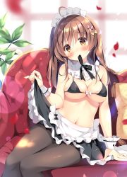 Rule 34 | 1girl, ahoge, apron, bare shoulders, bikini, black bikini, black pantyhose, black ribbon, black skirt, blurry, blurry background, blush, bow, breasts, brown bow, brown eyes, brown hair, clothes lift, commentary request, couch, depth of field, feet out of frame, frilled apron, frilled skirt, frills, hair between eyes, hair bow, head tilt, kokoa-chan (pan (mimi)), large breasts, lifting own clothes, long hair, maid, maid headdress, mouth hold, navel, neck ribbon, on couch, original, pan (mimi), pantyhose, petals, pillow, pink bow, ribbon, ribbon in mouth, sitting, skirt, skirt lift, solo, swimsuit, thighband pantyhose, waist apron, white apron, wrist cuffs