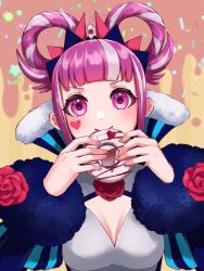 Rule 34 | 1girl, blunt bangs, breasts, cleavage, commentary request, doughnut, dress, facial mark, fire emblem, fire emblem engage, food, hair rings, heart, highres, holding, holding food, hortensia (fire emblem), long sleeves, looking at viewer, medium breasts, miran (olivine 20), nintendo, pink eyes, pink hair, short hair, smile, solo, striped clothes, striped dress, upper body, vertical-striped clothes, vertical-striped dress