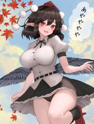 Rule 34 | 1girl, absurdres, autumn leaves, ayaya~, bird wings, black hair, black ribbon, black skirt, black wings, breasts, clothes lift, collared shirt, commentary request, frilled skirt, frills, geta, hat, highres, impossible clothes, large breasts, miniskirt, panties, pantyshot, pom pom (clothes), red eyes, red hat, ribbon, shameimaru aya, shirt, skirt, skirt lift, socks, solo, sugar you, tengu-geta, tokin hat, touhou, translated, underwear, white shirt, wings