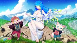 Rule 34 | 1girl, age difference, animal, bare shoulders, breasts, cloud, day, eliza (gamma dimension), eyebrows hidden by hair, feet, field, flower, full body, game cg, gamma dimension: alpha &amp; beta fan disk, grass, happy, height difference, large breasts, legs, long hair, looking at viewer, mountain, multicolored eyes, multicolored hair, nanahoshi dentou, original, outdoors, outstretched arms, pointy ears, red eyes, see-through, short hair, sitting, sky, smile, standing, thighs, two-tone hair, veil