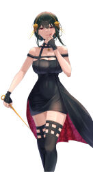 Rule 34 | 1girl, bare shoulders, black dress, black hair, blood, blood on face, blood splatter, breasts, cleavage, commentary request, covered navel, dagger, dress, earrings, fingerless gloves, flower, gloves, gold earrings, gold hairband, hair flower, hair ornament, hairband, holding, holding dagger, holding knife, holding weapon, jewelry, knife, large breasts, looking at viewer, red eyes, sidelocks, simple background, solo, spy x family, stiletto (weapon), tight clothes, tight dress, two-sided dress, two-sided fabric, upper body, uyufuzi s, weapon, white background, yor briar