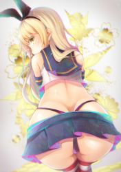 Rule 34 | 10s, 1girl, ass, black panties, blonde hair, blue skirt, butt crack, chromatic aberration, cyanomirahi, from behind, hairband, highres, kantai collection, long hair, looking at viewer, looking back, microskirt, panties, shimakaze (kancolle), skirt, solo, striped clothes, striped thighhighs, thighhighs, thong, underwear, whale tail (clothing), yellow eyes