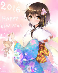 Rule 34 | 10s, 2016, ahoge, akari ajisai, artist name, blush, blush stickers, bow, brown eyes, brown hair, closed mouth, cowboy shot, eyebrows, floral print, flower, from side, fur trim, hair between eyes, hair flower, hair ornament, hairpin, happy new year, highres, holding, looking at viewer, looking to the side, new year, nisekoi, obi, onodera kosaki, red bow, sash, short hair, smile, solo, standing, stuffed animal, stuffed monkey, stuffed toy, tareme, tassel