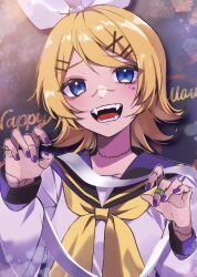 1girl bandages bandaid bandaid_on_finger black_sailor_collar black_wrist_cuffs blonde_hair blue_eyes bow claw_pose eyelashes facial_mark fangs hair_ornament hairclip halloween happy_halloween head_tilt highres kagamine_rin long_sleeves neckerchief open_mouth purple_nails purple_sailor_collar purple_wrist_cuffs sailor_collar sailor_shirt shirt soramame_pikuto star_(symbol) star_facial_mark stitched_face stitched_fingers stitched_neck stitched_wrist stitches vocaloid white_bow white_shirt wrist_cuffs yellow_neckerchief