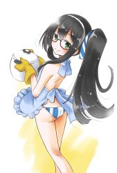 Rule 34 | 1girl, alternate hairstyle, apron, ass, bikini, bikini bottom only, black hair, blue apron, breasts, commentary request, feet out of frame, frilled apron, frills, from behind, green eyes, hairband, highres, kantai collection, long hair, looking at viewer, looking back, naked apron, one-hour drawing challenge, ooyodo (kancolle), oven mitts, ponytail, pot, semi-rimless eyewear, small breasts, solo, standing, swimsuit, taisinkoku, two-tone background, two-tone bikini, under-rim eyewear, white background, white hairband, yellow background