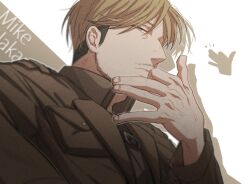 Rule 34 | 1boy, beard stubble, birthday, blonde hair, dog shadow puppet, facial hair, from side, ggkss 90, half-closed eyes, hand up, jacket, male focus, mature male, mike zakarius, mustache stubble, notice lines, shingeki no kyojin, short hair, sideburns stubble, sideways glance, solo, stubble, upper body, veins, veiny hands