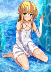 Rule 34 | 1girl, bad id, bad pixiv id, barefoot, blonde hair, blush, borrowed character, character request, detached sleeves, dress, green eyes, highres, kanzaki kureha, long hair, original, pointy ears, sitting, solo, water